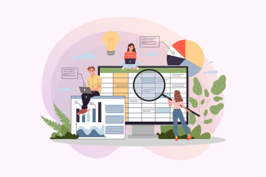 Accounting report vector illustration. Professionals with laptops and magnifier analyzing financial data sheet. Team of accountant working with bookkeeping software