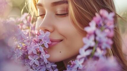 Fototapeta premium Close-Up of a Young Woman Enjoying the Fragrance of Lilac Flowers