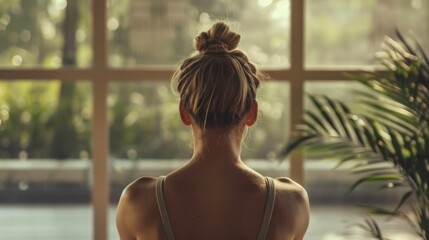 A woman with a bun hairstyle wearing a white tank top looking out of a window with a view of greenery.