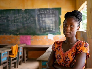 A confident African teacher stands with crossed arms in an empty classroom, with a blackboard and desks in the background.