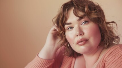 Fototapeta premium A woman with voluminous wavy hair wearing a soft pink sweater with her hand gently resting on her cheek exuding a gentle and poised demeanor.