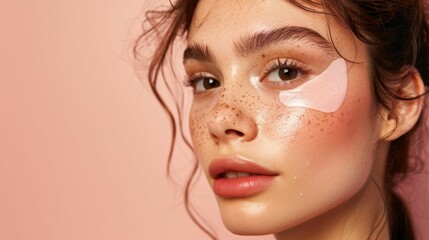 A close-up of a woman's face with a soft glowing complexion featuring freckles a subtle pink blush and a glossy lip with a single white patch on her cheek.