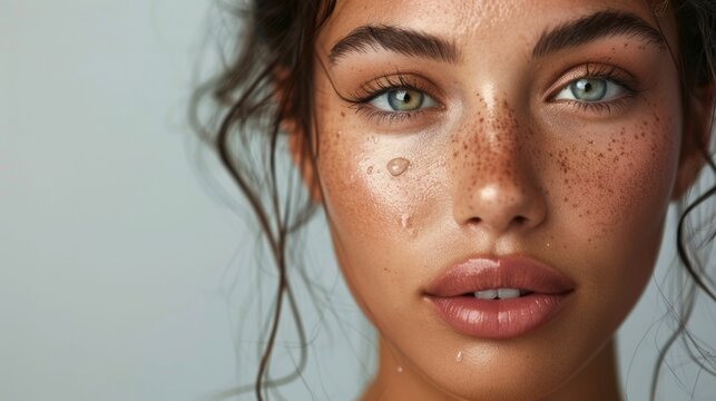 A close-up of a woman's face with striking blue eyes freckles and glossy lips set against a soft blurred background. - Powered by Adobe