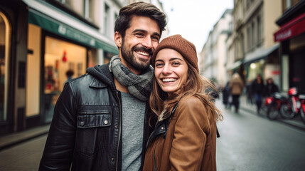 Fototapeta premium A man and woman are smiling and posing for a picture on a city street