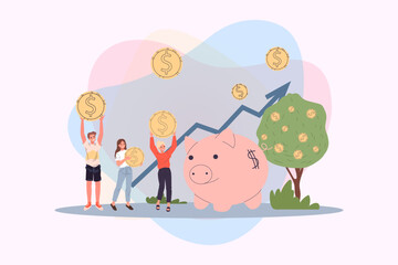 Business people investing into high potential project vector illustration. People with huge coins, piggy bank, money tree, increasing arrow. Investment, savings, banking, finance concept