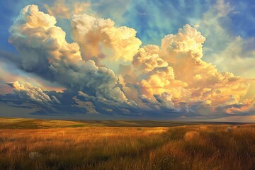 A vibrant sunset illuminates a vast field, with dramatic clouds casting long shadows across the landscape.