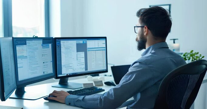 Automated testing tools used by QA engineer on multiple monitors, copyspace included