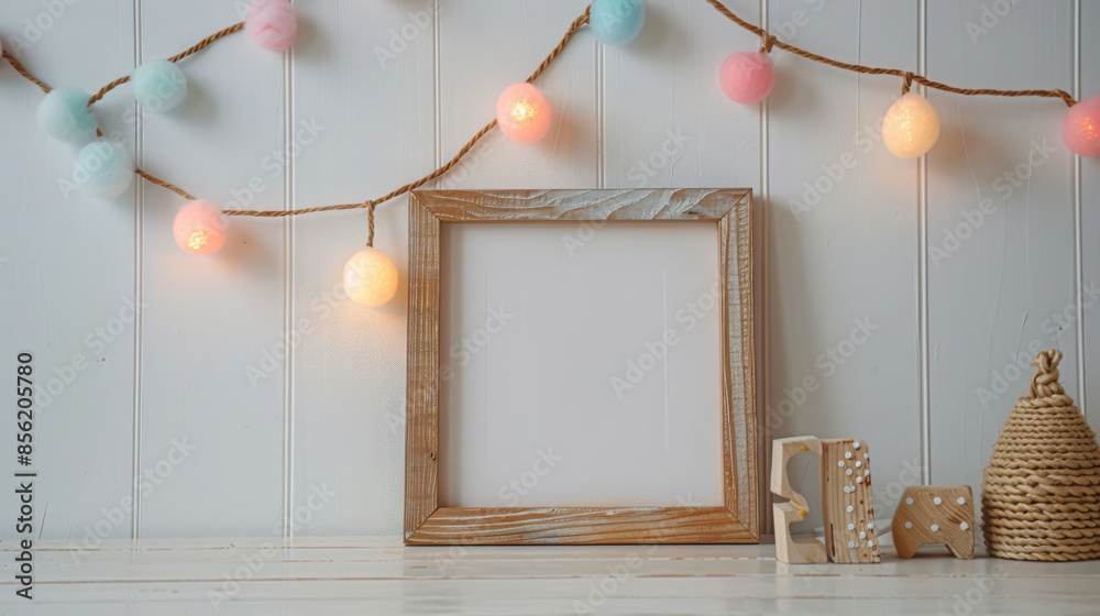 Sticker a white frame with a square inside and a string of lights hanging above it