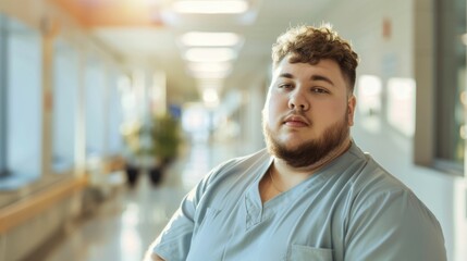 Obraz premium A man with curly hair and a beard wearing a light blue scrubs standing in a hospital corridor with a serious expression.