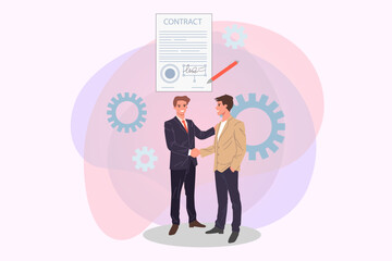 Business people signing contract vector illustration. Businessmen shaking hands after signing agreement. Partnership, business cooperation concept