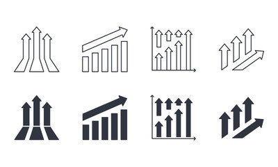 Up arrow vector icons. Line and solid right arrow symbol. Logo for business, marketing, finance. Income growth, direction of movement, profit, investment, revenue and savings. Stock illustration
