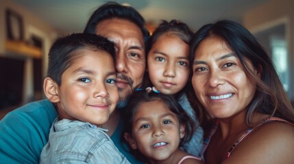 Fototapeta premium A warm family moment captured with a blurred background featuring a man a woman and two children smiling and posing together.