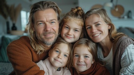 Obraz premium A family of four including a man with long hair and a beard a woman and two young girls posing for a photo in a cozy home setting.