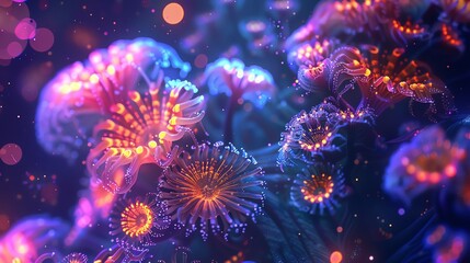 Abstract digital art featuring glowing, bioluminescent jellyfish-like forms in vibrant hues of pink, blue, and orange.  The background is a dark, starry night.