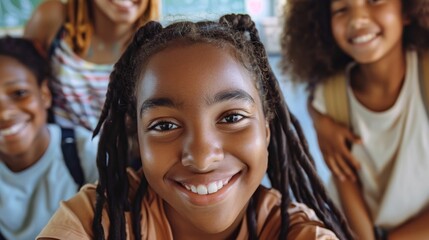 Fototapeta premium A joyful young girl with braided hair smiling at the camera surrounded by her friends.