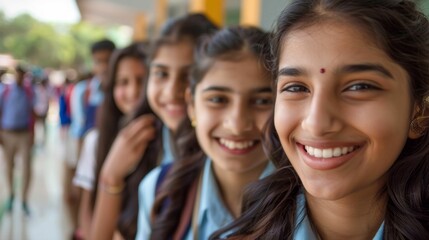 Obraz premium A group of young girls in school uniforms smiling and posing for a photo with blurred background suggesting a bustling school environment.