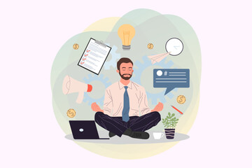 Businessman with closed eyes meditating and relaxing in lotus position vector illustration. Office employee practicing stress relief at workplace. Mindfulness meditation and yoga concept