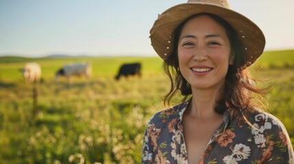 A woman in a straw hat and floral shirt smiling in a field with grazing cows.