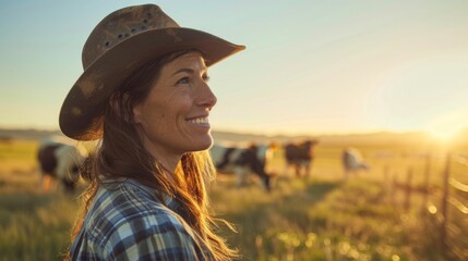 A woman in a cowboy hat and plaid shirt smiling at the camera standing in a field with cows grazing in the background during a beautiful sunset.