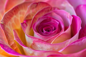 Close-up of a pink and yellow rose with soft petals.