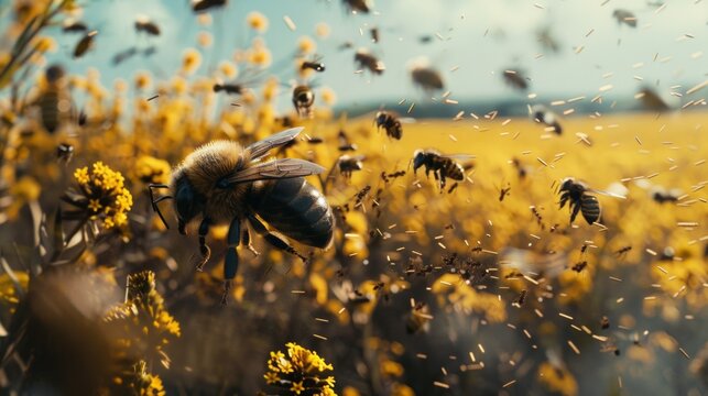 bees attack a farmer in a rapeseed field