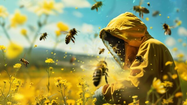 bees attack a farmer in a rapeseed field