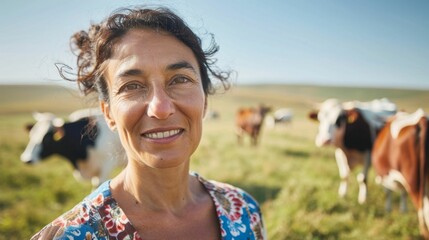 A woman with curly hair smiling at the camera standing in a field with cows grazing in the background.