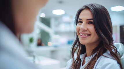 Fototapeta premium Smiling woman in dental chair listening attentively to dentist's instructions.