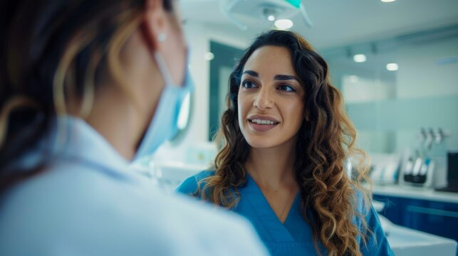 A woman in a blue medical gown and face mask smiling at a patient in a dental office setting.