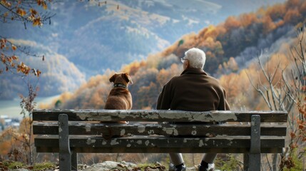 A serene autumn scene with an elderly man and his dog sitting on a weathered wooden bench overlooking a picturesque valley with vibrant fall foliage and a tranquil lake in the distance.