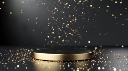 Award show black podium with golden pedestal, glittering light effects, 3D stage design, elegant dark background, spotlight, confetti night scene