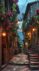 Fototapeta premium Italian old town street, stone pavement, flower bushes on the street, sky at night