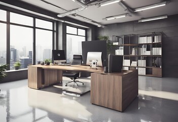 "Modern office interior design, featuring contemporary workspace aesthetics, ideal for productive environments with ergonomic furniture and innovative layout solutions."