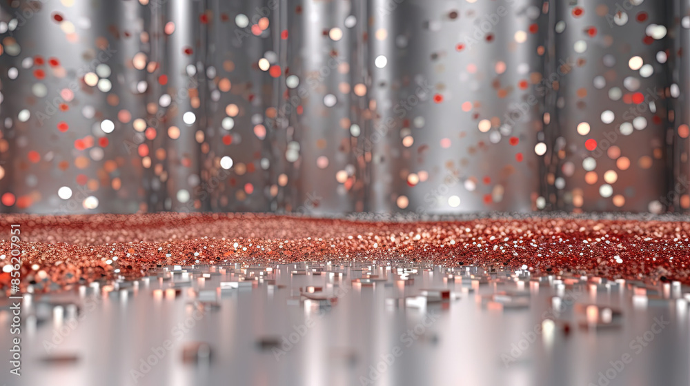 Poster Abstract shiny background with red glitter. Scattered confetti sparkles with red color.