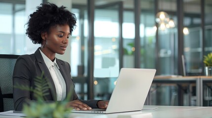 Fototapeta premium Corporate office scene with a businesswoman in a suit, seated at a desk with an empty laptop screen, ideal for business and marketing portraits