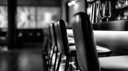 Black & white scene of a chic Berlin bar, stylish decor, people mingling, flash photography capturing the essence of nightlife