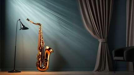 Naklejka premium A saxophone resting beside a lamp in a cozy room.