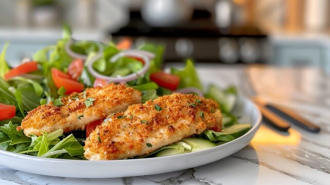 Casual photo taken with iPhone 15 Pro showing a plate of Doritos Crusted Chicken Tenders, accompanied by a fresh garden salad, vibrant colors, kitchen background with utensils visible