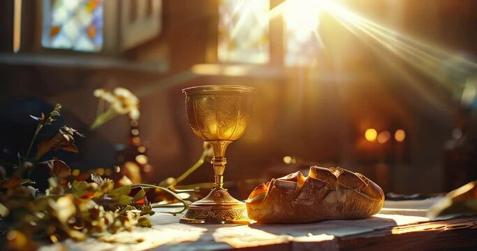 Warm sunlight on a golden chalice and fresh bread, representing communion and unity on an altar