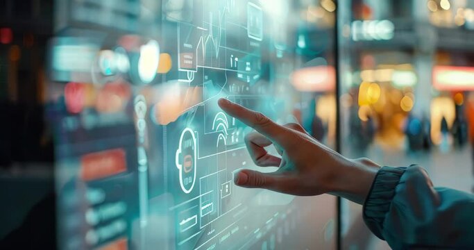 Person interacting with a touch-sensitive transparent screen to explore detailed consumer profiles and buying patterns. Consumer insights