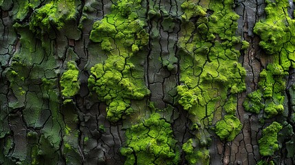 Close-up texture of green moss growing on a tree bark.