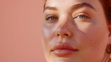 A close-up of a woman with freckles wearing a hoop earring looking down with a soft expression.