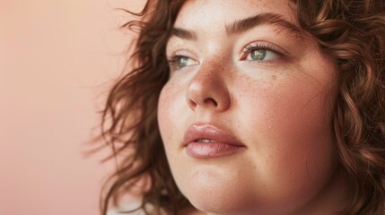 Fototapeta premium A close-up of a person with curly hair freckles and a soft expression looking slightly away from the camera with a gentle gaze.