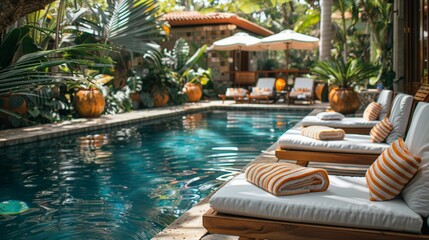 Obraz premium Tranquil resort, surrounded with palm trees, poolside, wooden sun loungers with white cushions, orange and white striped towel, stone rustic objects, ambiance of calm and privacy. villa