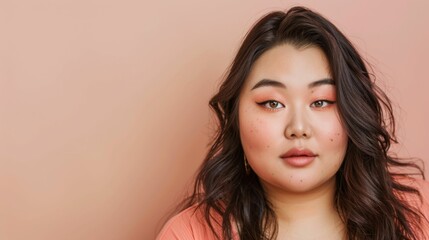 Fototapeta premium A young woman with long dark hair and light brown eyes wearing subtle makeup including pink blush and eyeshadow with a soft warm-toned background.