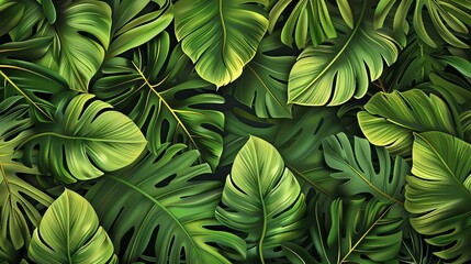 Lush green tropical leaves create a vibrant and textured background.