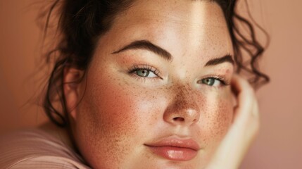 Fototapeta premium A close-up portrait of a woman with freckles showcasing her green eyes and a gentle hand-on-face gesture set against a soft warm-toned background.