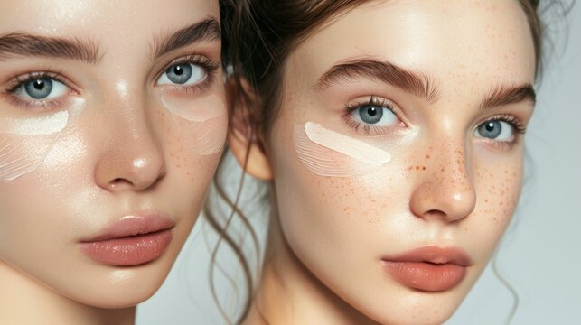 A close-up image of a woman with striking blue eyes freckles and a glossy complexion showcasing a skincare product applied to her cheeks and forehead.