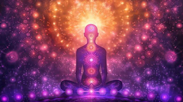 A person meditates with a glowing, colorful aura symbolizing spiritual enlightenment and chakra energy