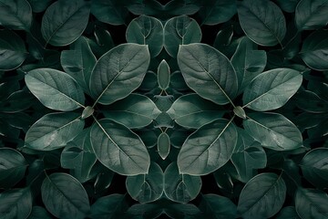 Symmetrical pattern of lush green leaves with dark background.